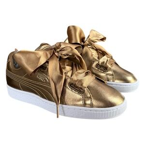 Puma‎ Basket Heart Metallic Gold Satin Ribbon Platform Sneakers- W US 7/EU 37.5
